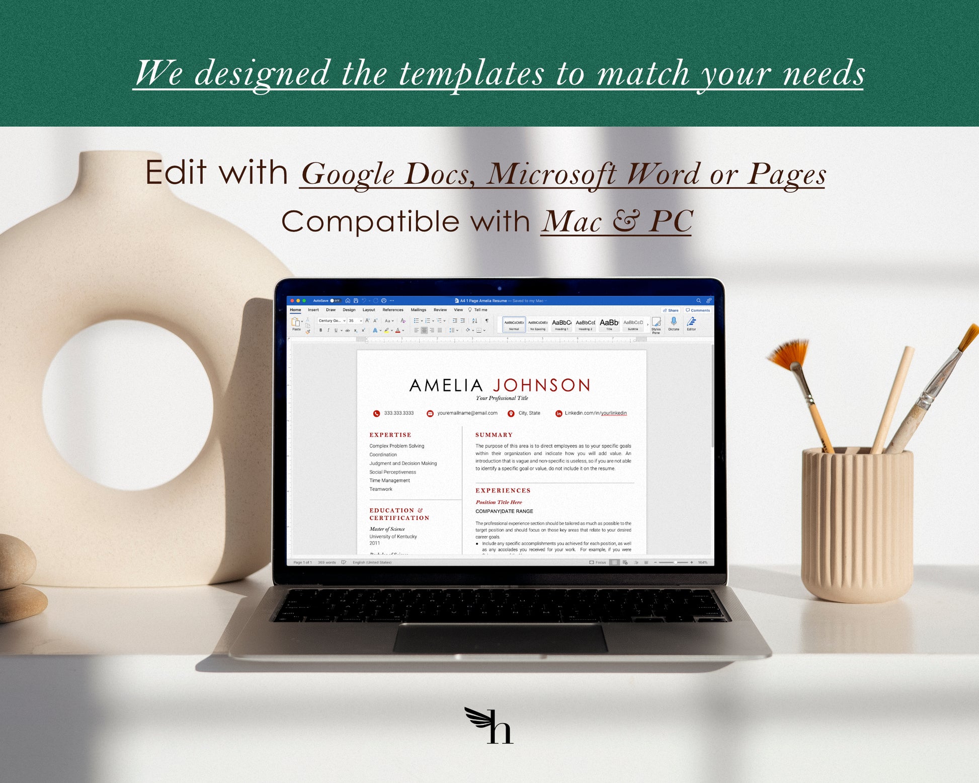 Modern Resume Template Google docs, Word and Pages - Amelia - Hired Guardian