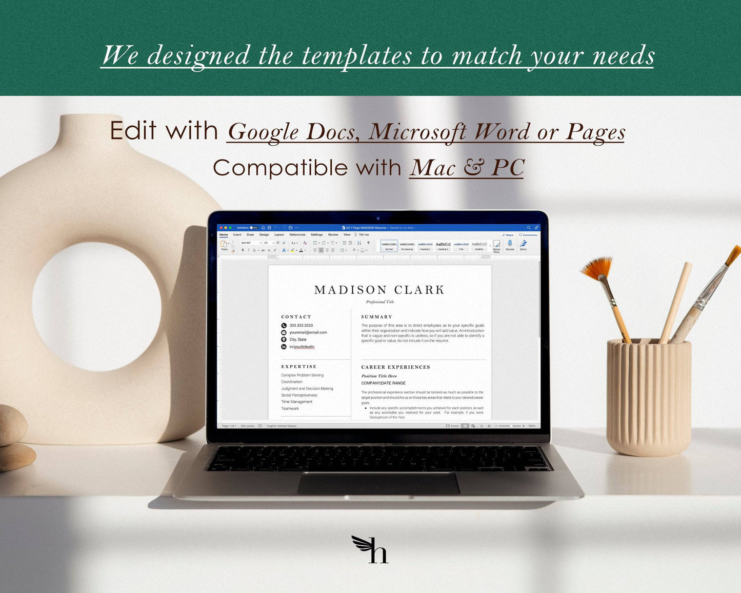 Clean Minimalist Resume Template Google docs, Word and Apple Pages - Madison - Hired Guardian