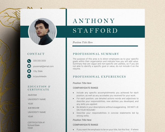 Resume Template with Photo for Apple Pages in Mac or Word - Anthony - Hired Guardian