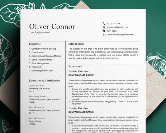 Minimalist Resume Template "Oliver" - Google docs, Word and Pages Resume Files - Hired Guardian