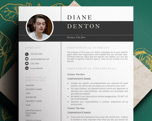 2022 Resume Template with Photo for Apple Pages in Mac or Word - Diane - Hired Guardian