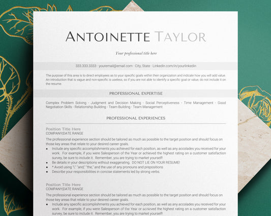 ATS Friendly Resume Template "Antoinette" - Hired Guardian
