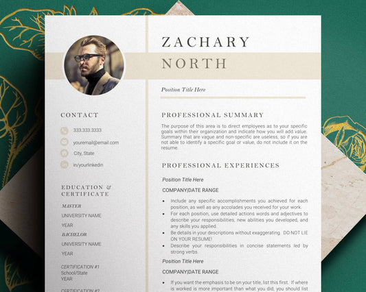 Resume Template with Photo for Apple Pages in Mac or Word - Zachary - Hired Guardian