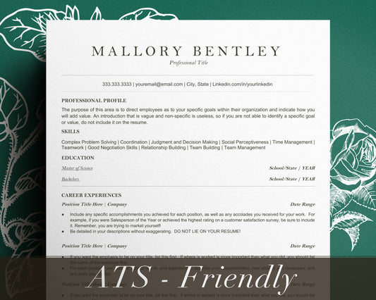 Professional ATS Friendly Resume Template - Mallory - Hired Guardian
