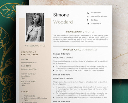 CV Template with Photo for Apple Pages in Mac or Word - Simone - Hired Guardian