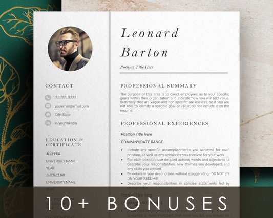 Professional Resume Template with Photo for Apple Pages in Mac or Word - Leonard - Hired Guardian