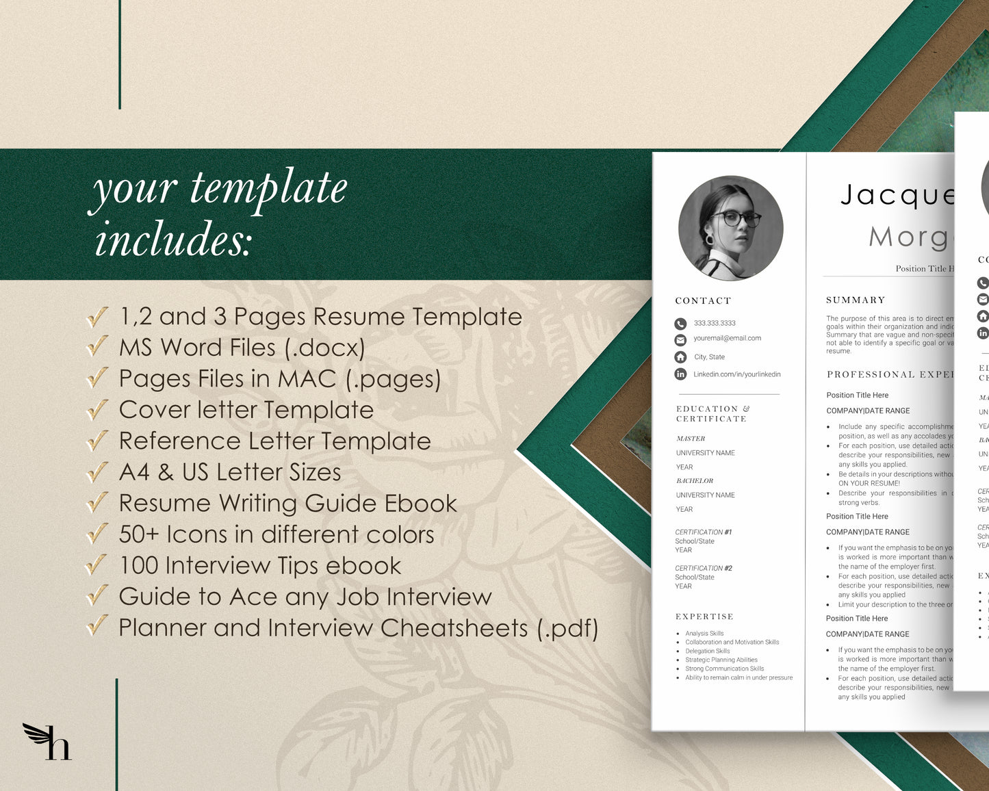 2022 Resume Template with Photo for Apple Pages in Mac or Word - Jacqueline - Hired Guardian