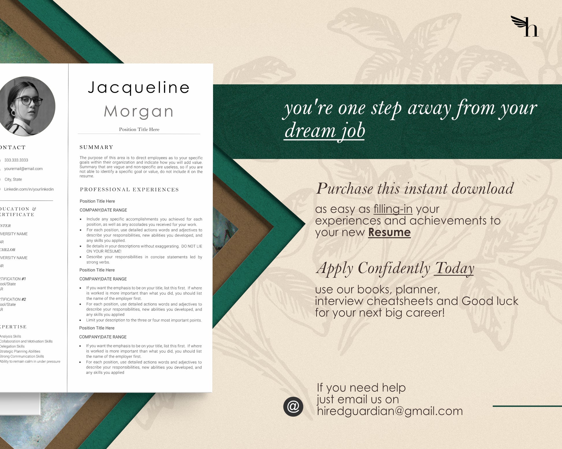 2022 Resume Template with Photo for Apple Pages in Mac or Word - Jacqueline - Hired Guardian