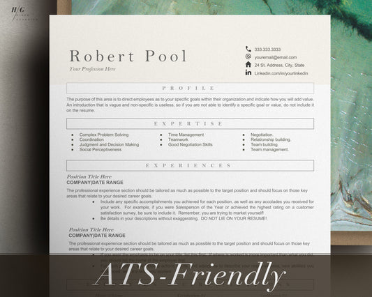 ATS Resume Template for Word, Pages, Google Docs, ATS Friendly Resume Template, Minimalist ATS Compatible Resume Cv Design, Executive Resume