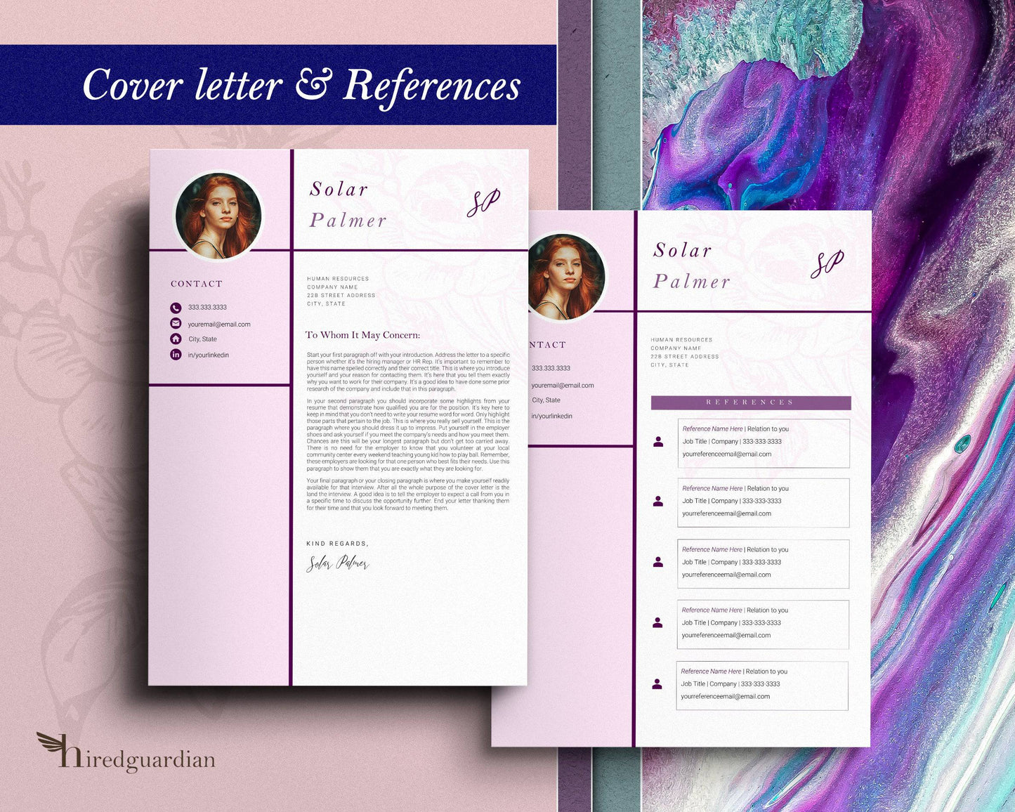 Pink Resume Template with Photo for Apple Pages in Mac or Word - Solar - Hired Guardian