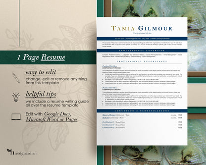 ATS Friendly Resume Template for Google Docs, Word - Tamia - Hired Guardian