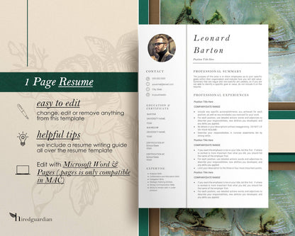 Professional Resume Template with Photo for Apple Pages in Mac or Word - Leonard - Hired Guardian