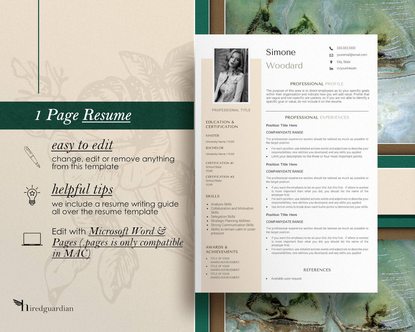 CV Template with Photo for Apple Pages in Mac or Word - Simone - Hired Guardian