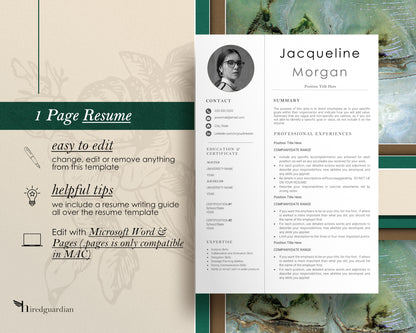 2022 Resume Template with Photo for Apple Pages in Mac or Word - Jacqueline - Hired Guardian