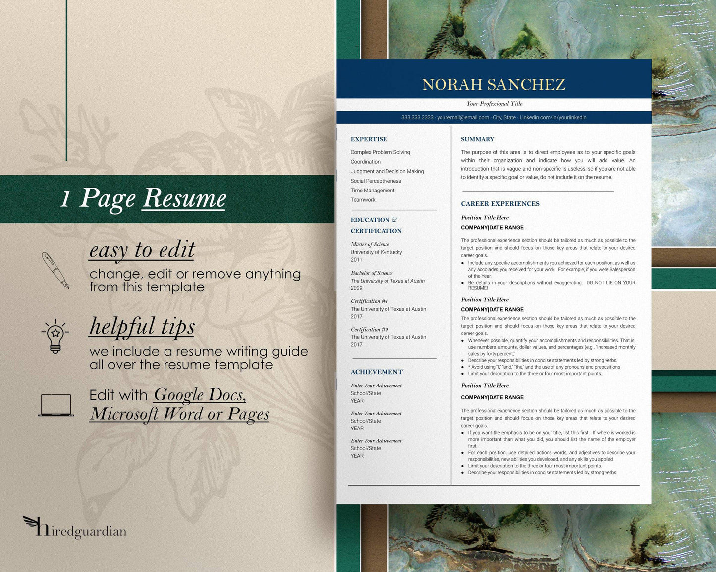 Professional Resume Template Google docs, Word and Apple Pages - Norah - Hired Guardian