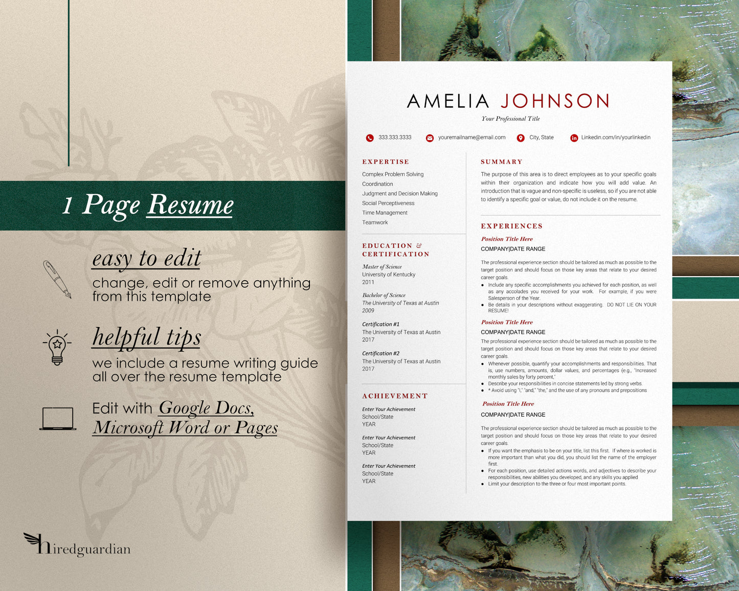 Modern Resume Template Google docs, Word and Pages - Amelia - Hired Guardian