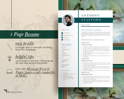 Resume Template with Photo for Apple Pages in Mac or Word - Anthony - Hired Guardian