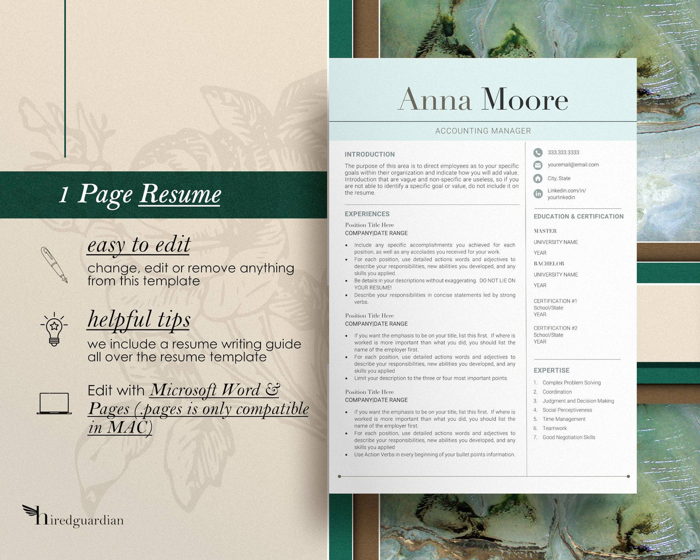 Modern Professional Resume Template - "Anna" - Hired Guardian