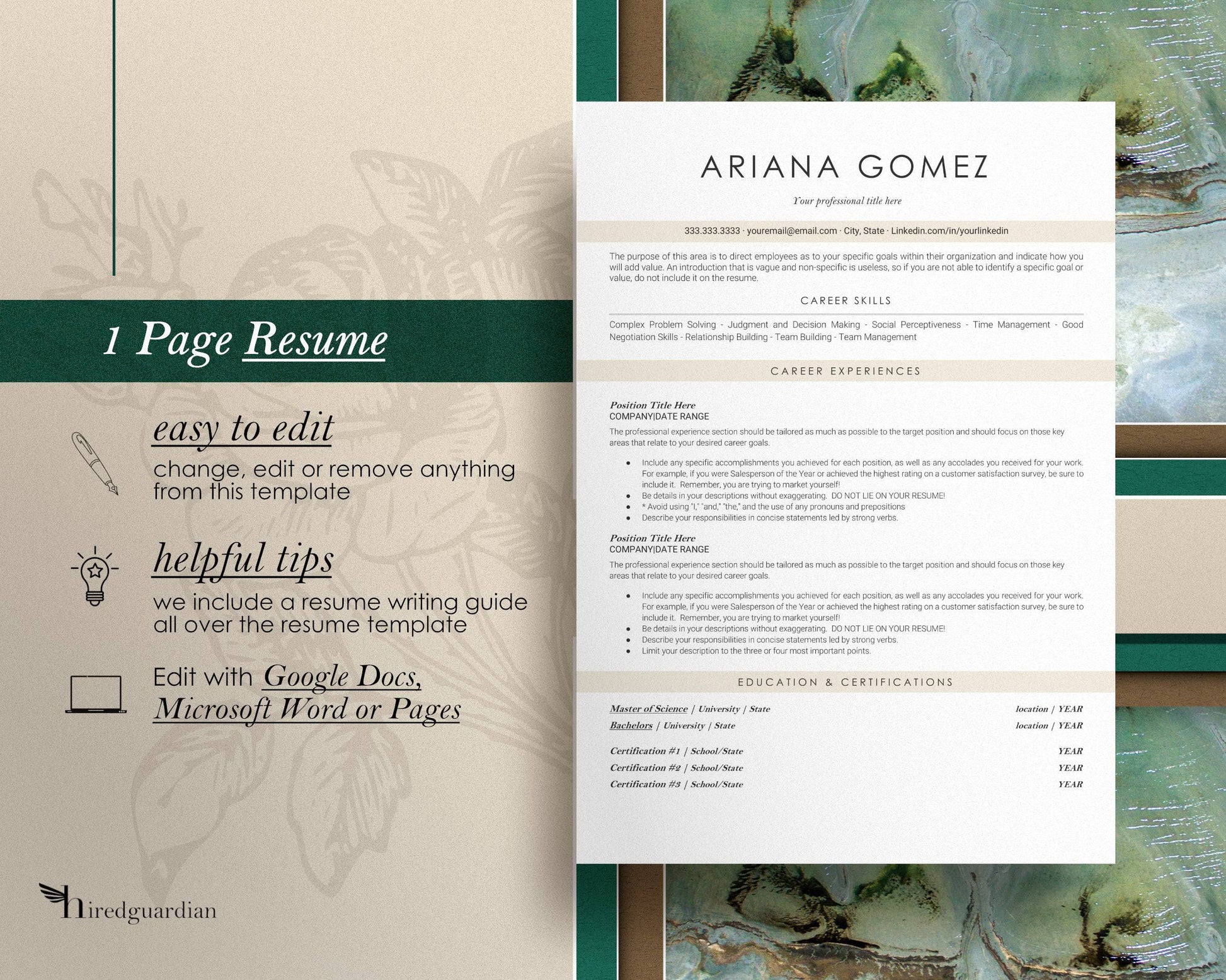 Modern ATS Friendly Resume Template for Google Docs, Apple Pages - Ariana - Hired Guardian