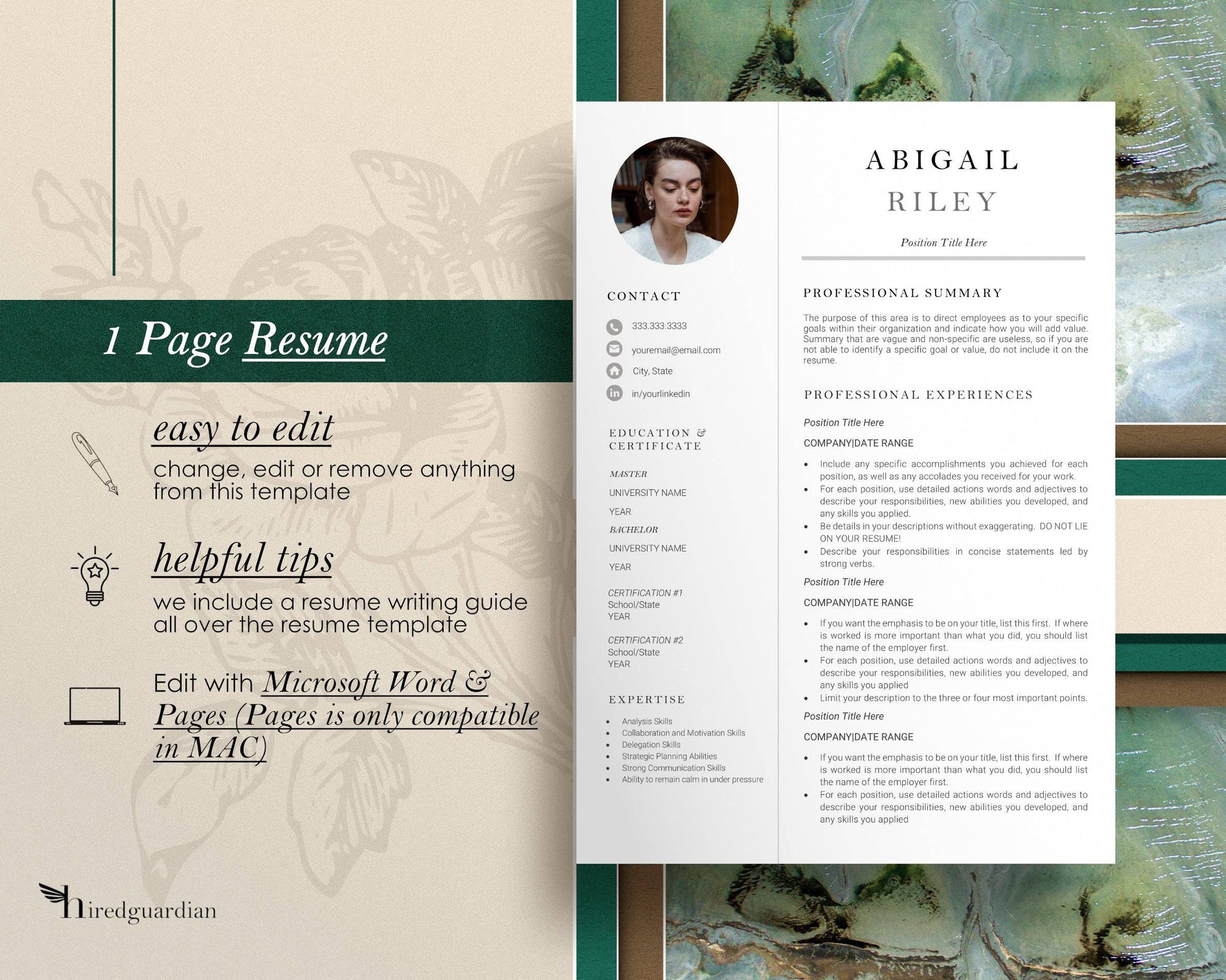 Modern Executive Template with Photo for Apple Pages in Mac or Word - Abigail - Hired Guardian