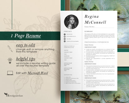 Resume Template with Photo for Apple Pages in Mac or Word - Regina - Hired Guardian