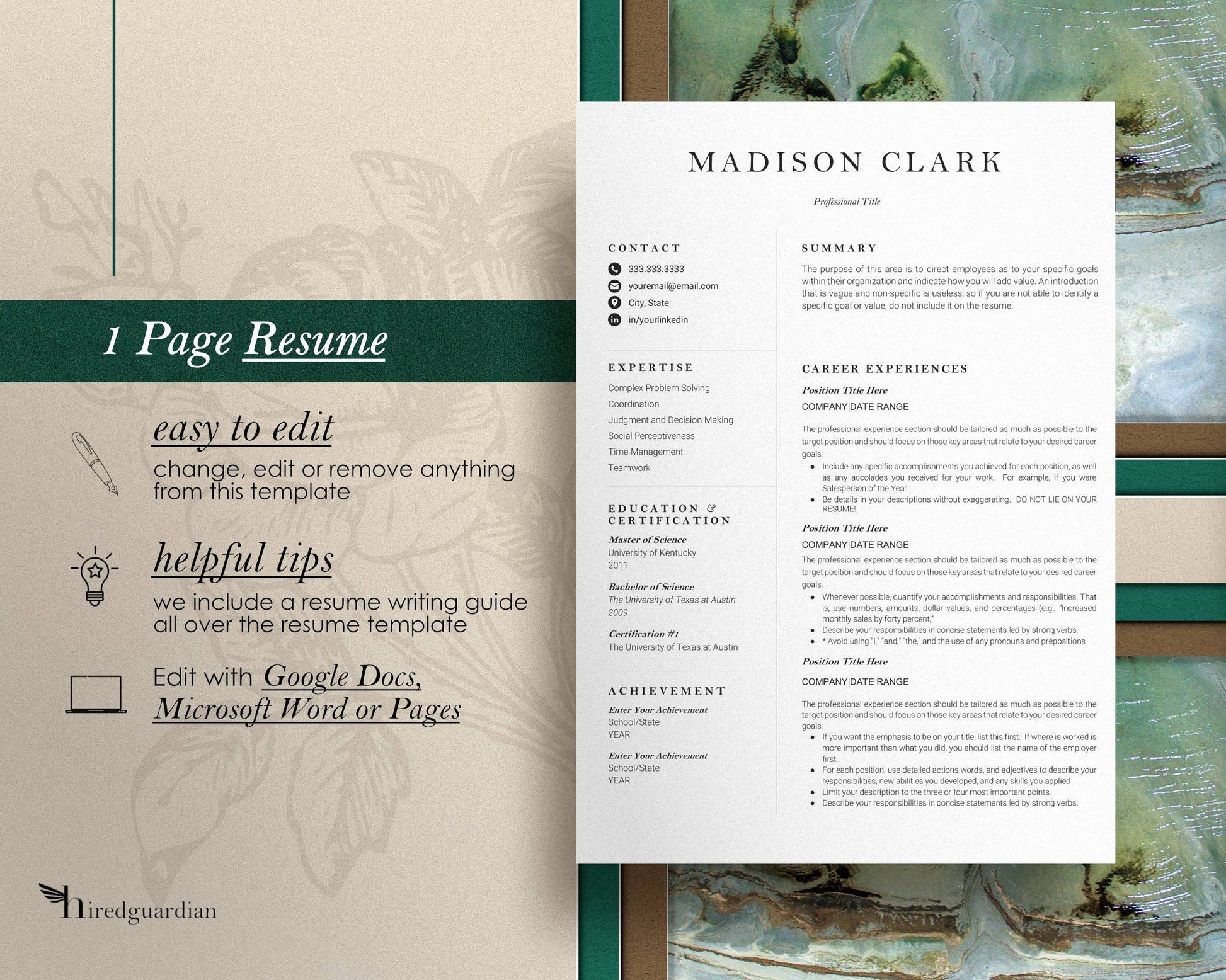 Clean Minimalist Resume Template Google docs, Word and Apple Pages - Madison - Hired Guardian