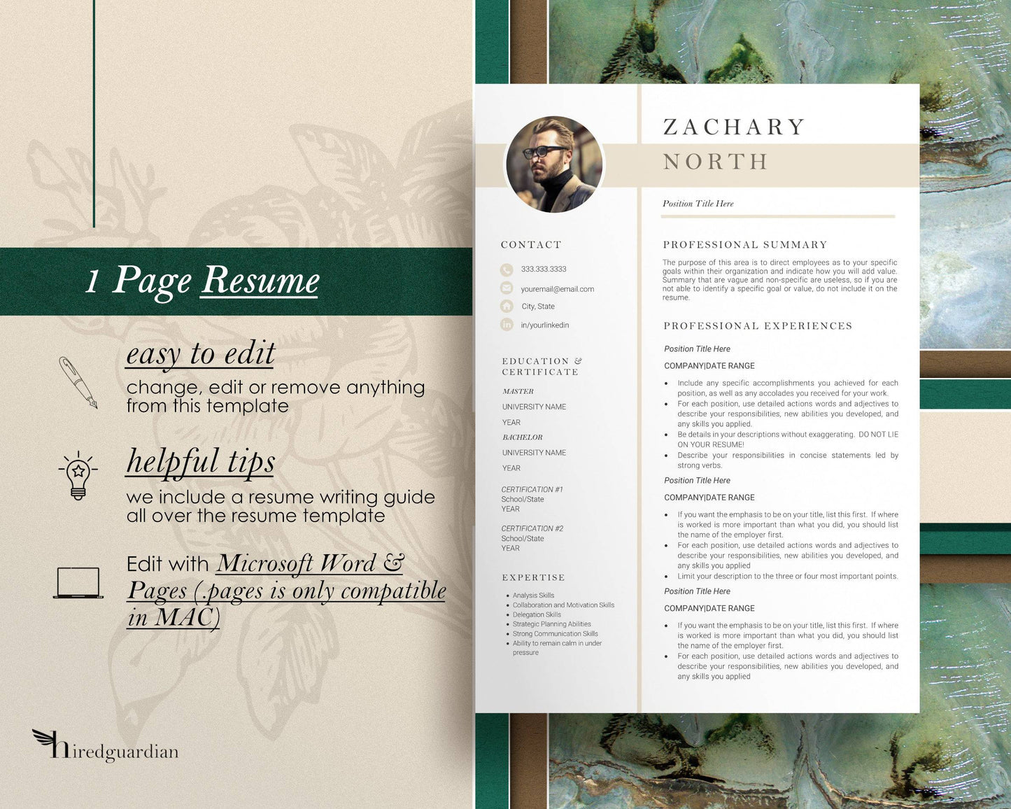 Resume Template with Photo for Apple Pages in Mac or Word - Zachary - Hired Guardian