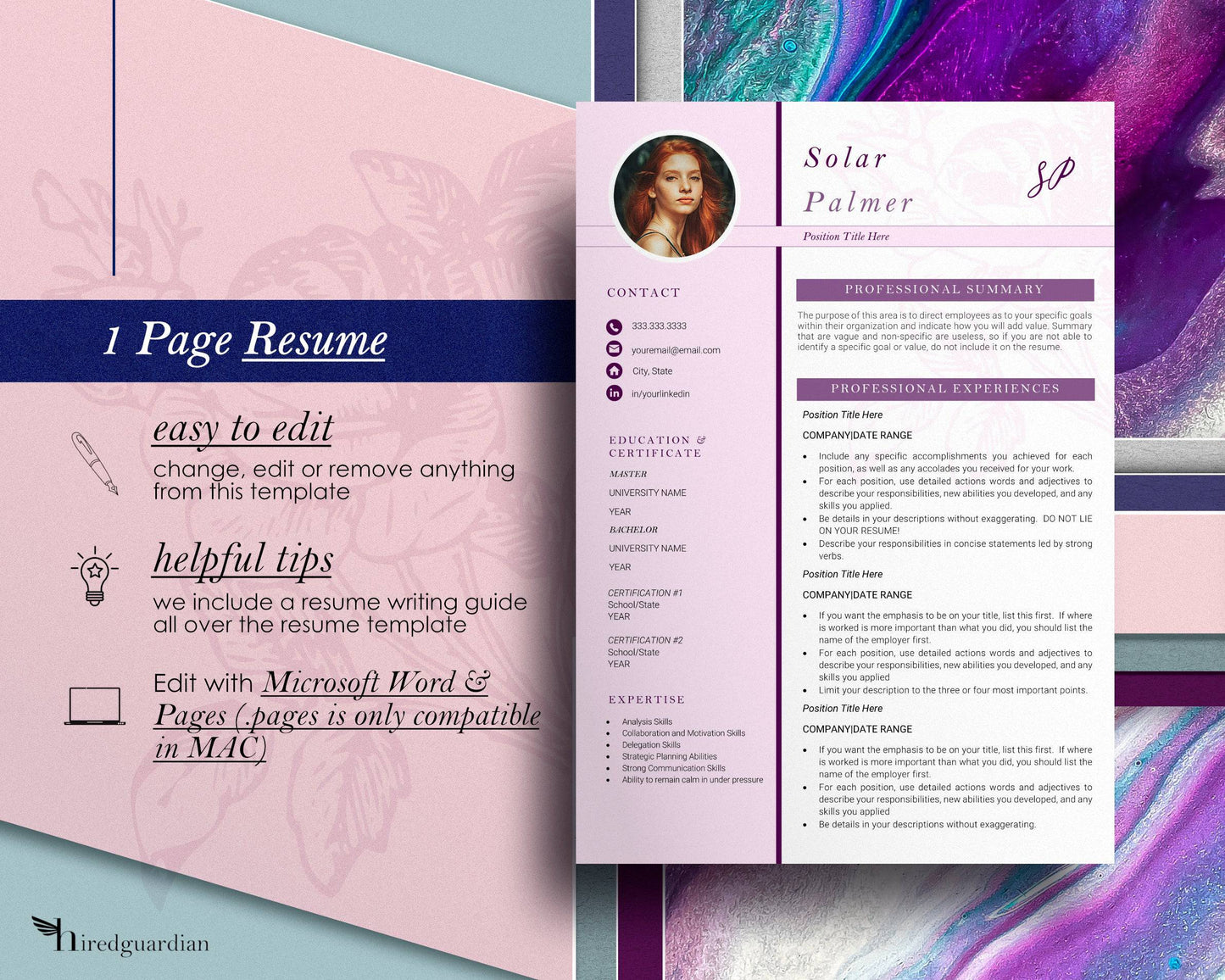 Pink Resume Template with Photo for Apple Pages in Mac or Word - Solar - Hired Guardian