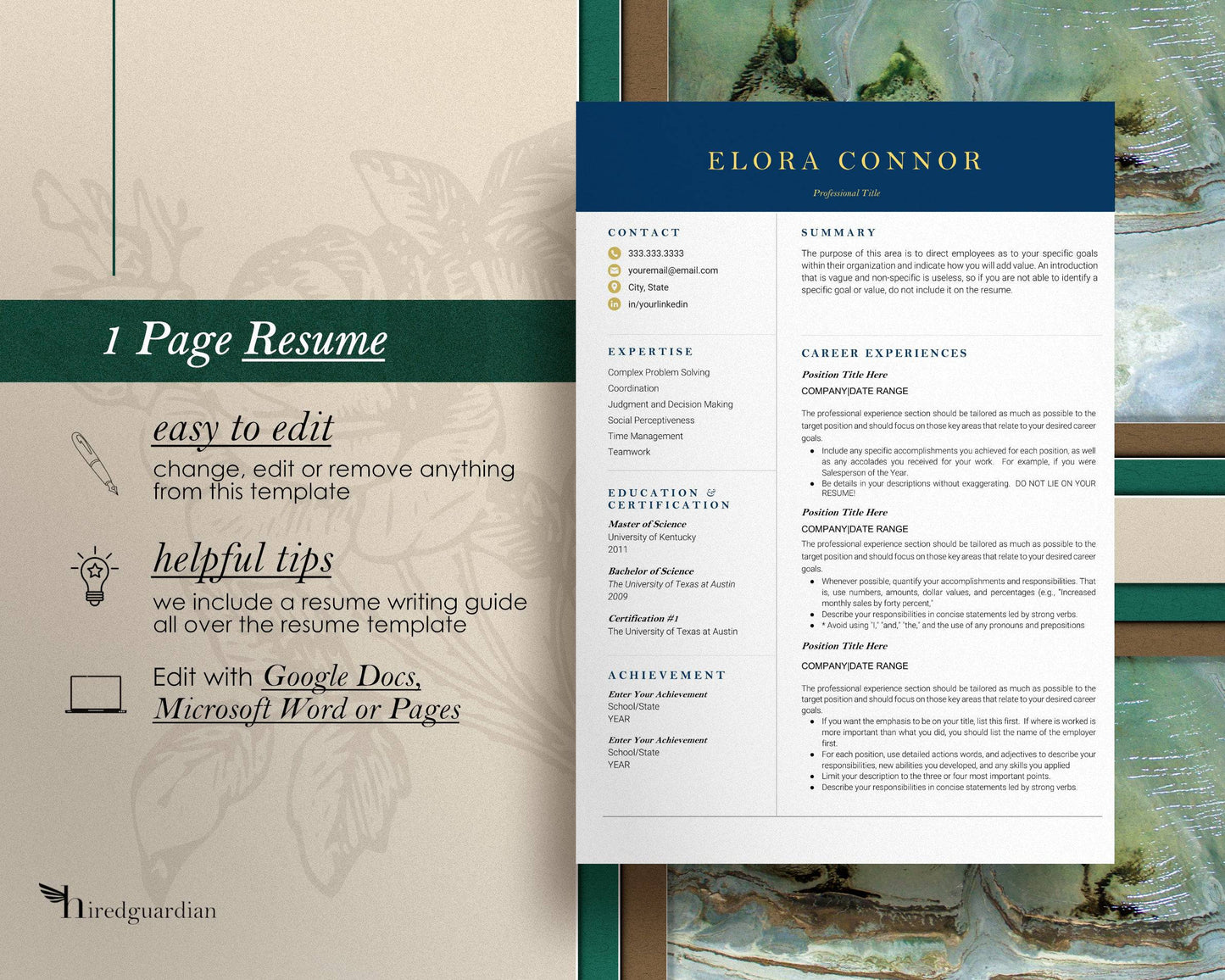 Modern Executive Resume Template Google docs, Word and Apple Pages 2022 - Elora - Hired Guardian