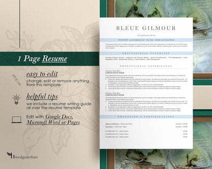 ATS Friendly Resume Template for Google Docs, Word, and Apple Pages - BLEUE - Hired Guardian