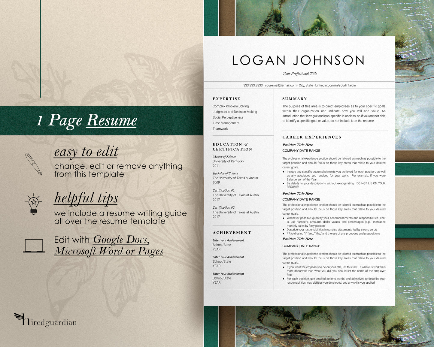 Modern Resume Template Google docs, Word and Apple Pages - Logan - Hired Guardian