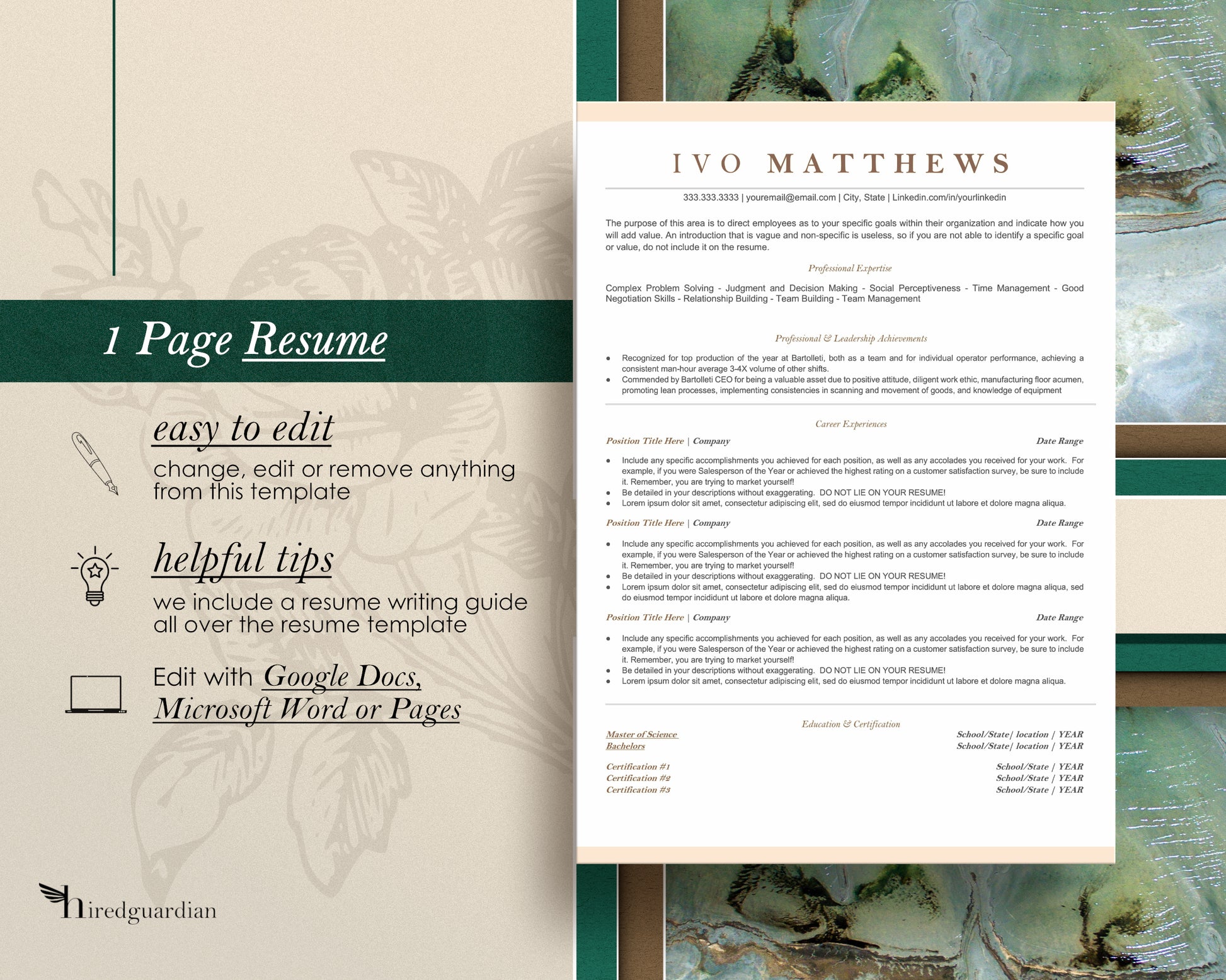 Modern ATS-Friendly Resume Template Google Docs, Apple Pages - Ivo - Hired Guardian