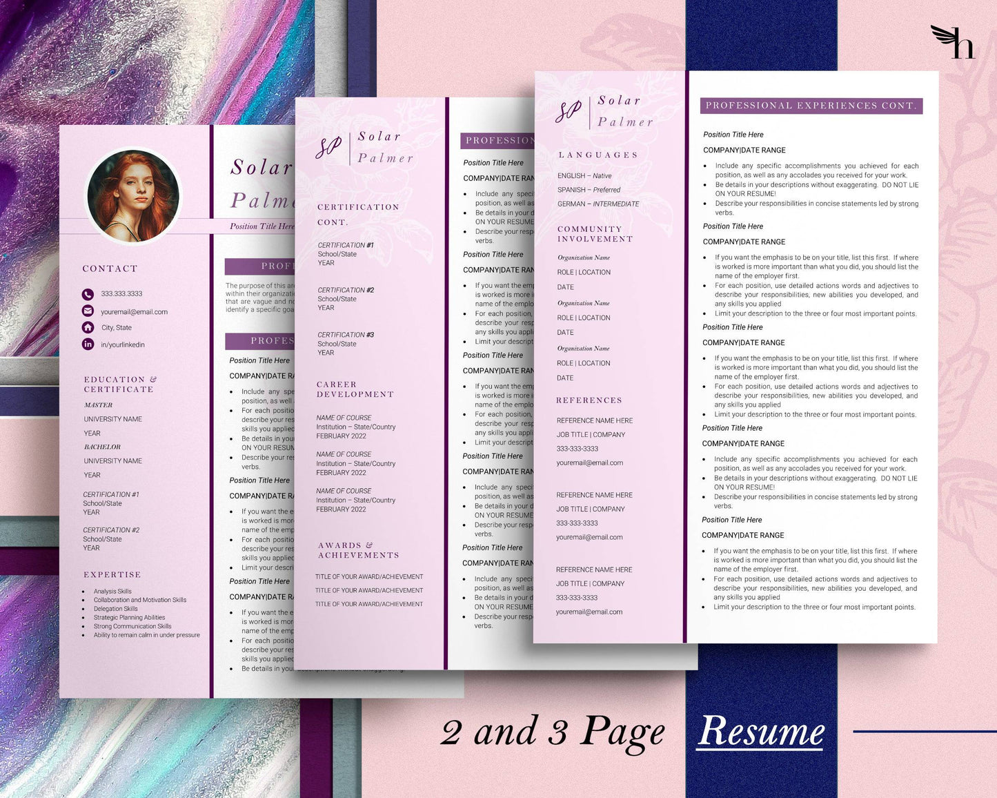 Pink Resume Template with Photo for Apple Pages in Mac or Word - Solar - Hired Guardian