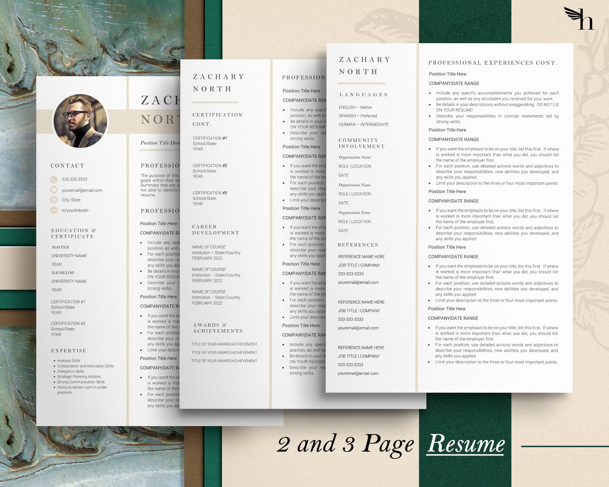 Resume Template with Photo for Apple Pages in Mac or Word - Zachary - Hired Guardian