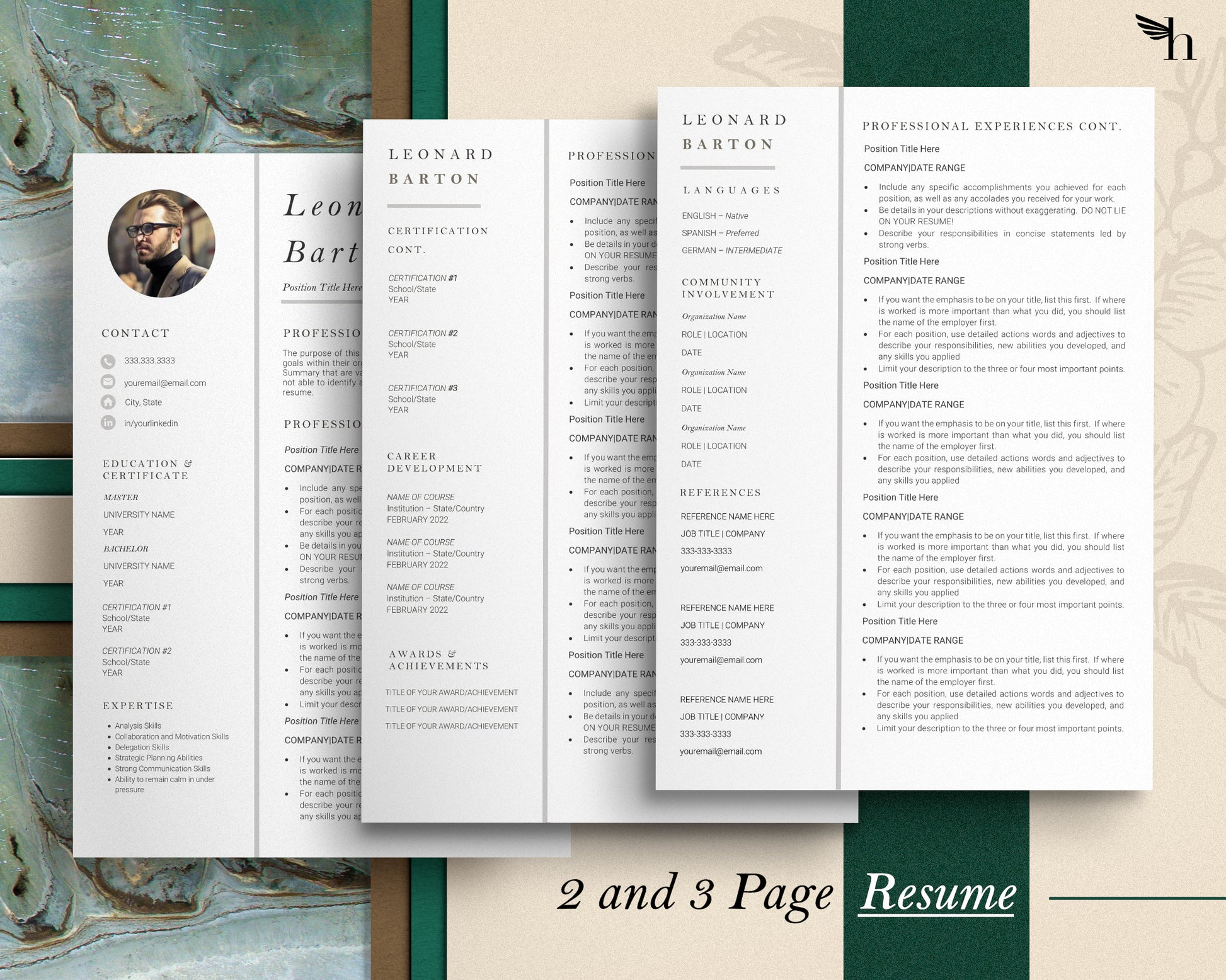 Professional Resume Template with Photo for Apple Pages in Mac or Word - Leonard - Hired Guardian