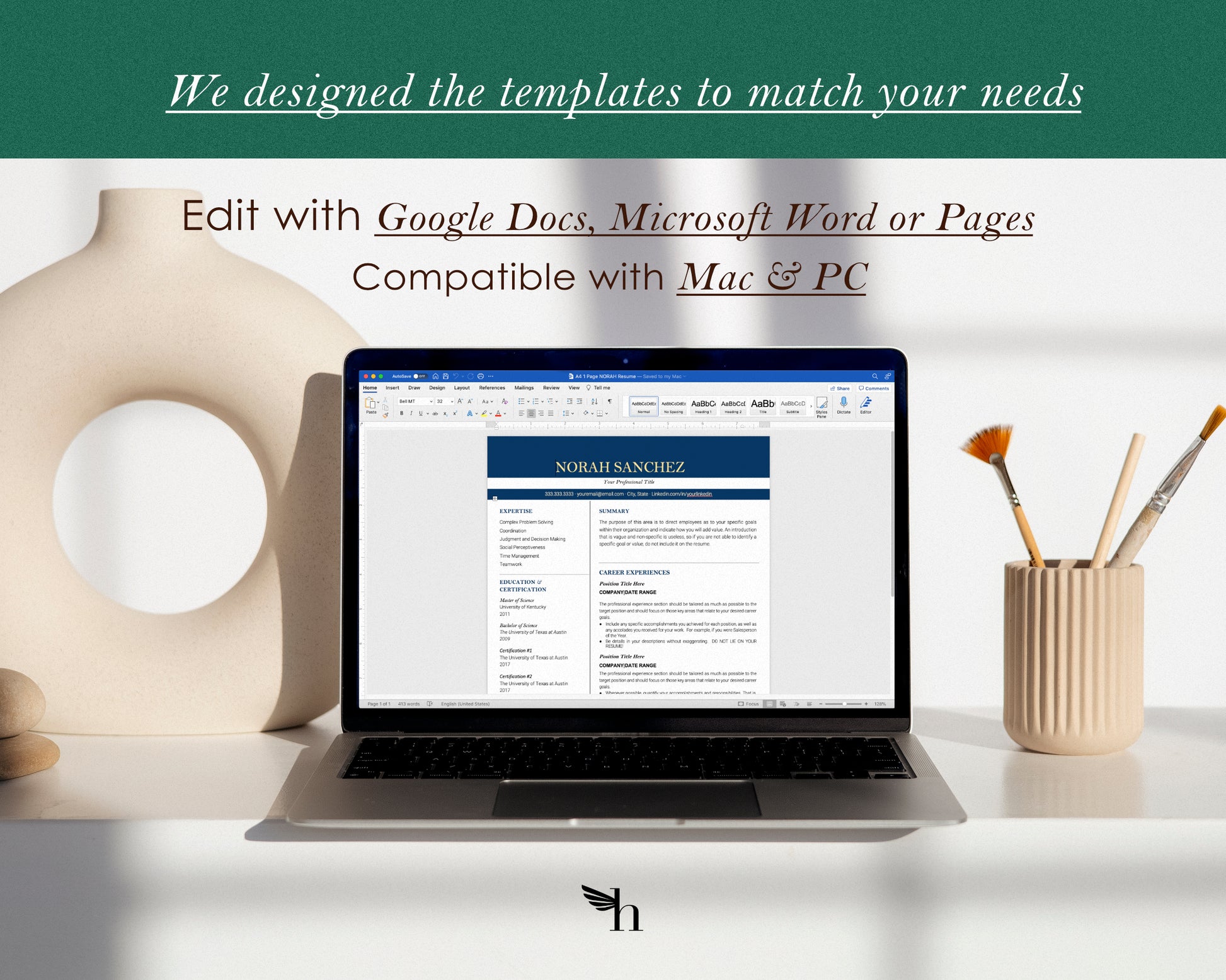 Professional Resume Template Google docs, Word and Apple Pages - Norah - Hired Guardian