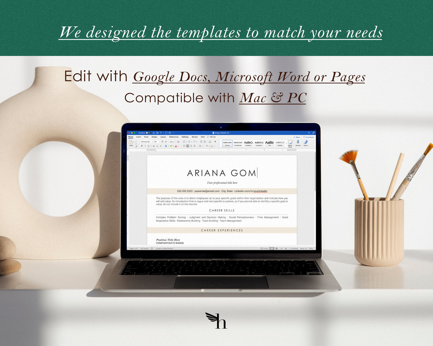 Modern ATS Friendly Resume Template for Google Docs, Apple Pages - Ariana - Hired Guardian