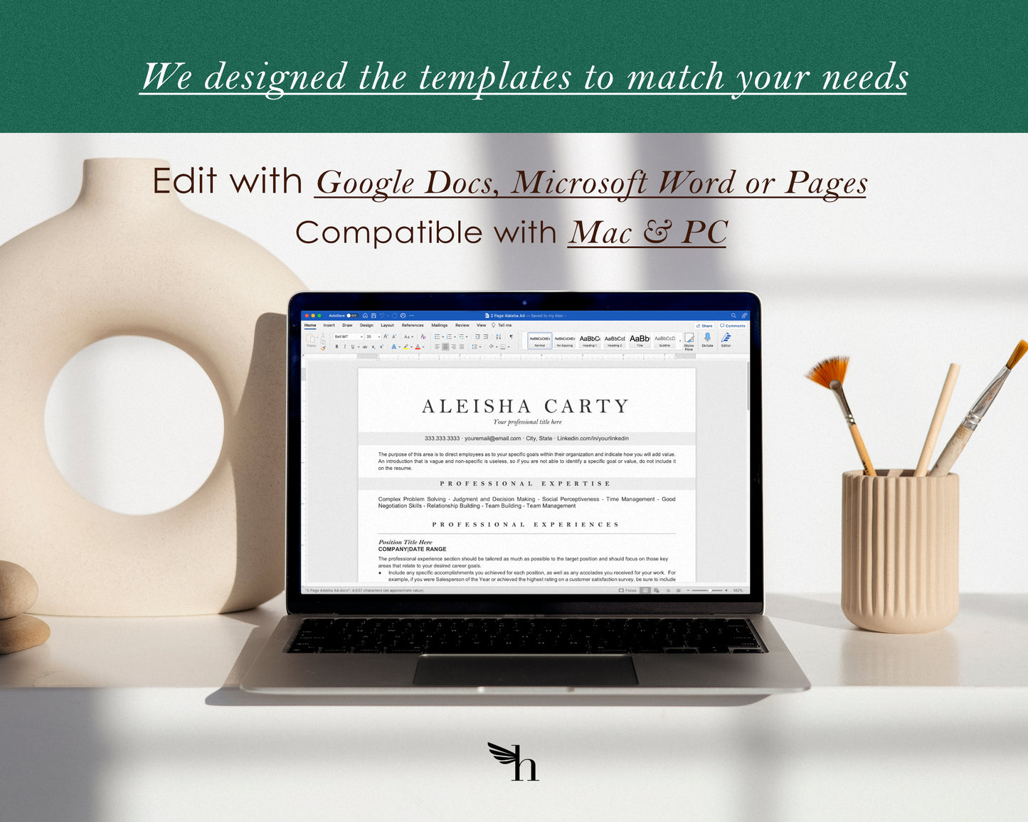 Modern ATS Friendly Resume Template for Google Docs, Word, and Apple Pages - Aleisha - Hired Guardian