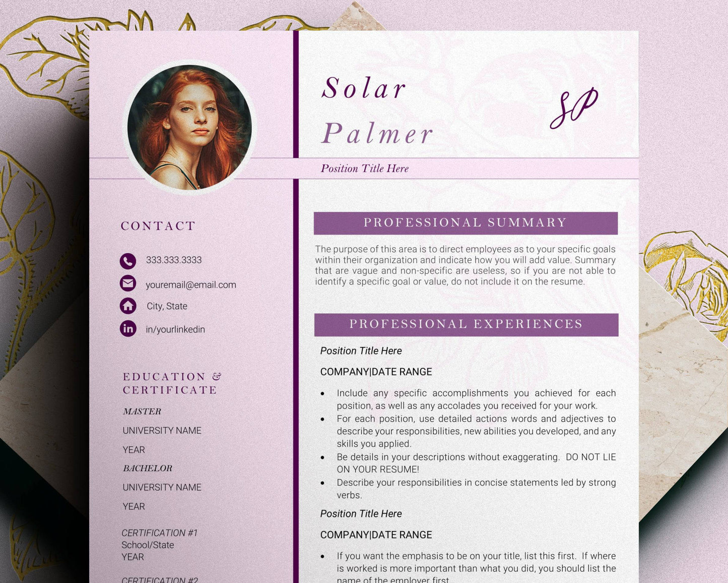 Pink Resume Template with Photo for Apple Pages in Mac or Word - Solar - Hired Guardian