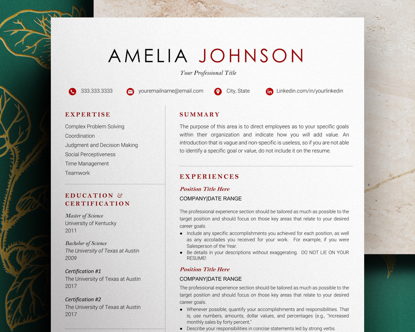 Modern Resume Template Google docs, Word and Pages - Amelia - Hired Guardian