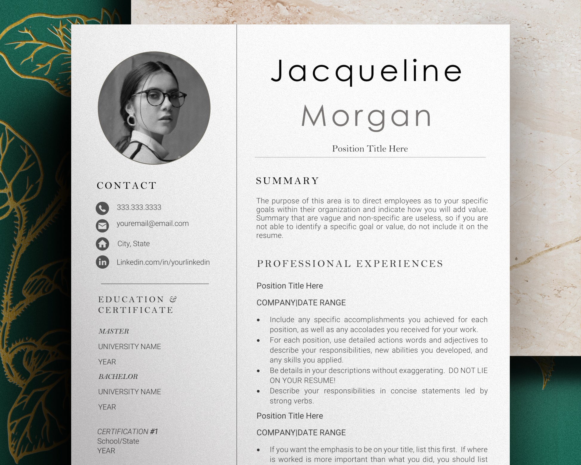 2022 Resume Template with Photo for Apple Pages in Mac or Word - Jacqueline - Hired Guardian