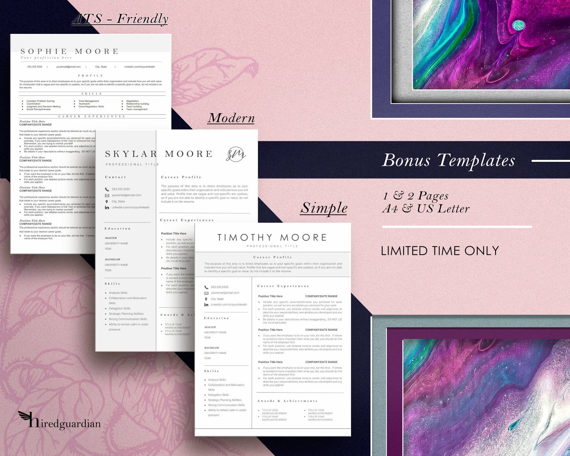 Pink Resume Template with Photo for Apple Pages in Mac or Word - Solar - Hired Guardian