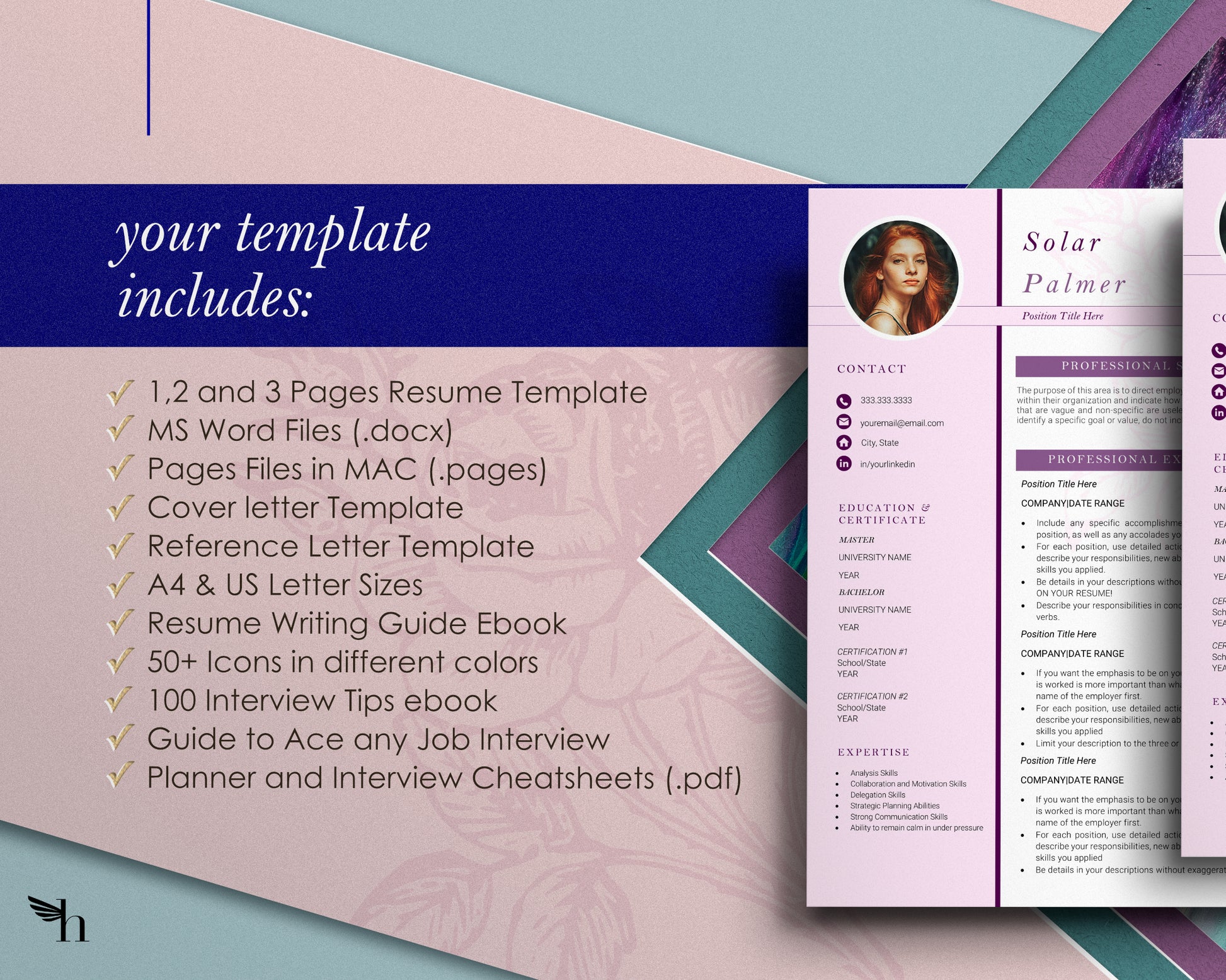 Pink Resume Template with Photo for Apple Pages in Mac or Word - Solar - Hired Guardian