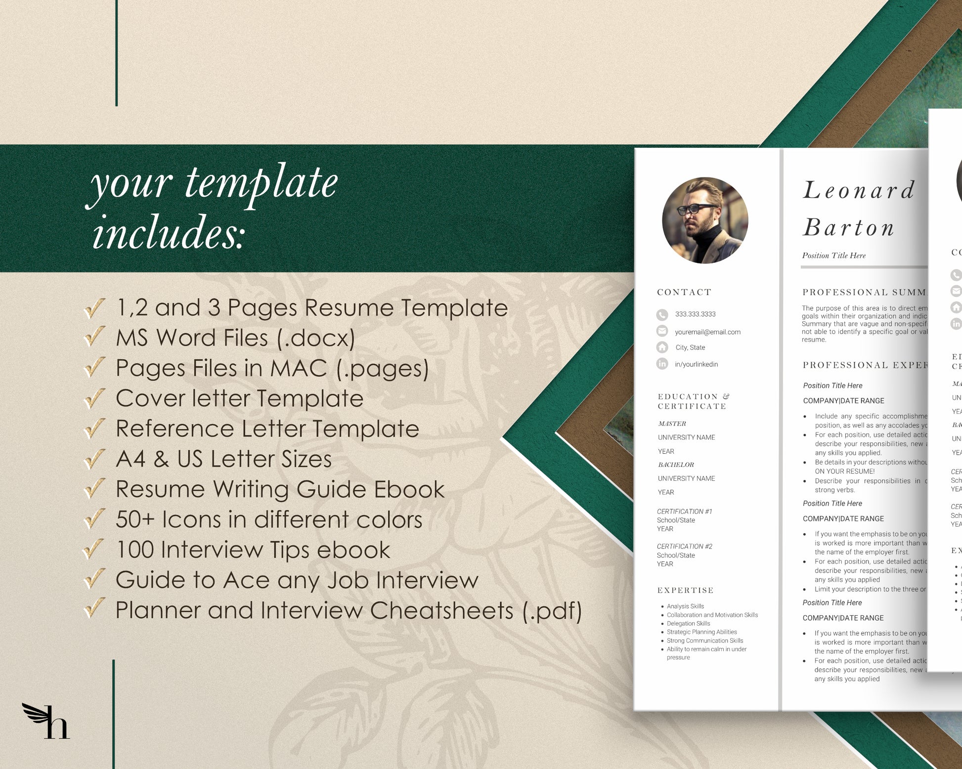 Professional Resume Template with Photo for Apple Pages in Mac or Word - Leonard - Hired Guardian