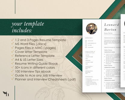 Professional Resume Template with Photo for Apple Pages in Mac or Word - Leonard - Hired Guardian