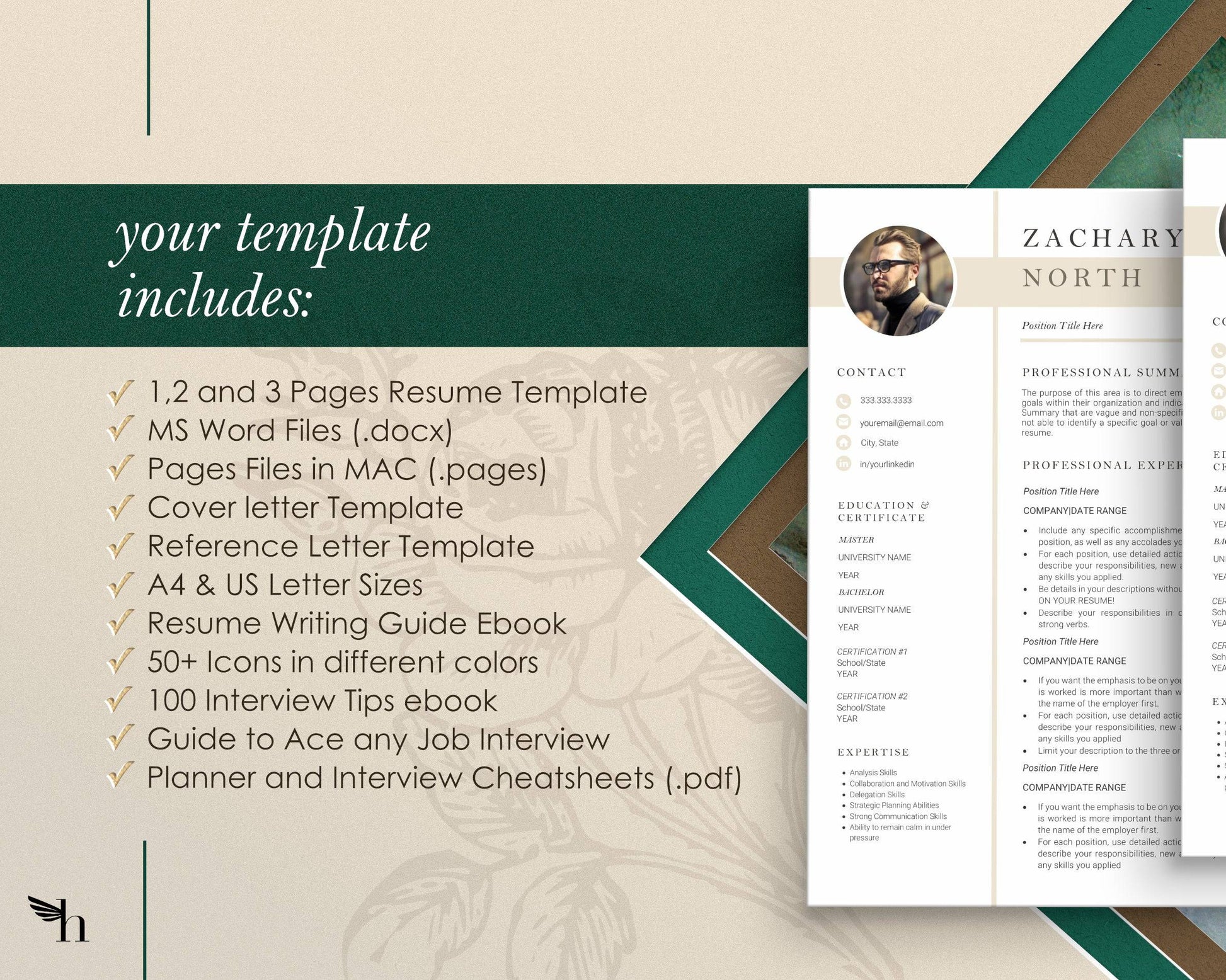 Resume Template with Photo for Apple Pages in Mac or Word - Zachary - Hired Guardian