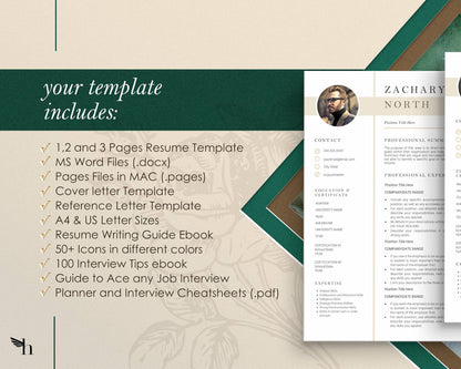 Resume Template with Photo for Apple Pages in Mac or Word - Zachary - Hired Guardian