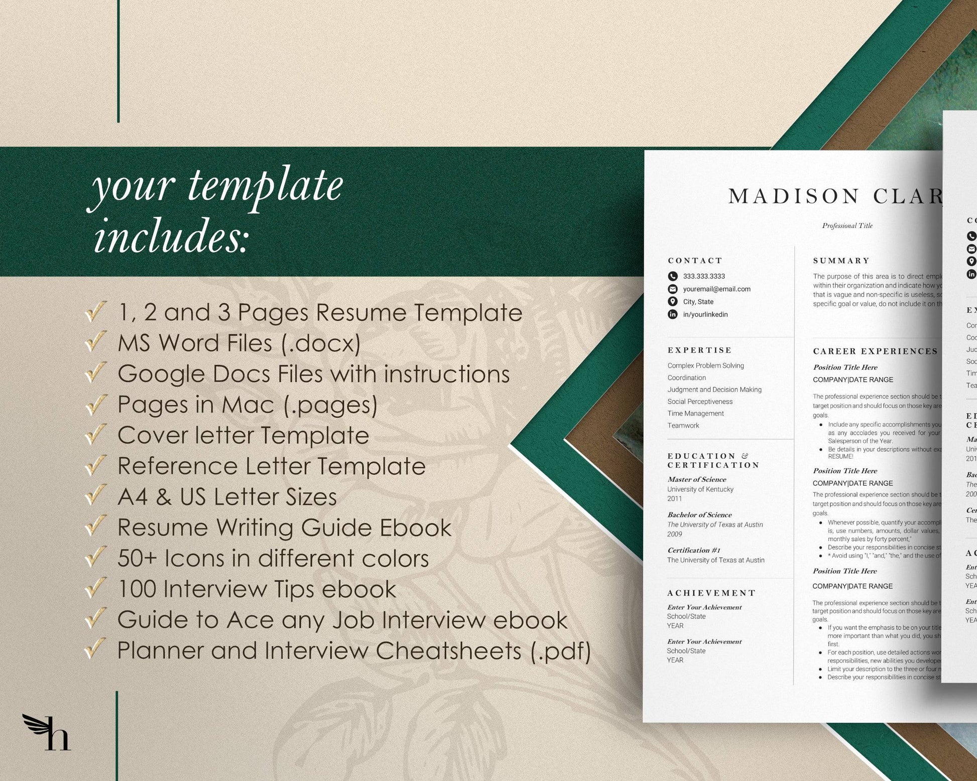 Clean Minimalist Resume Template Google docs, Word and Apple Pages - Madison - Hired Guardian