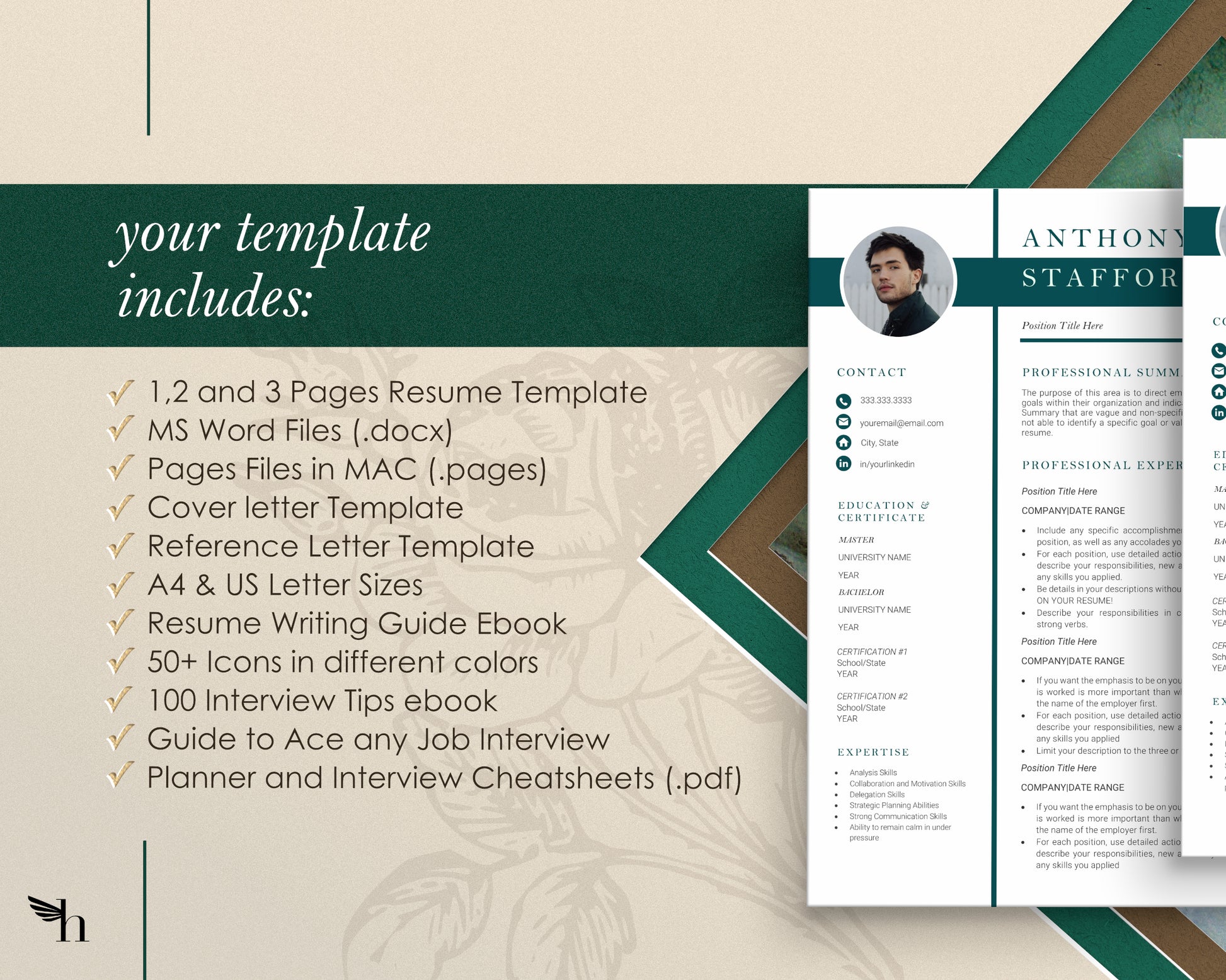 Resume Template with Photo for Apple Pages in Mac or Word - Anthony - Hired Guardian