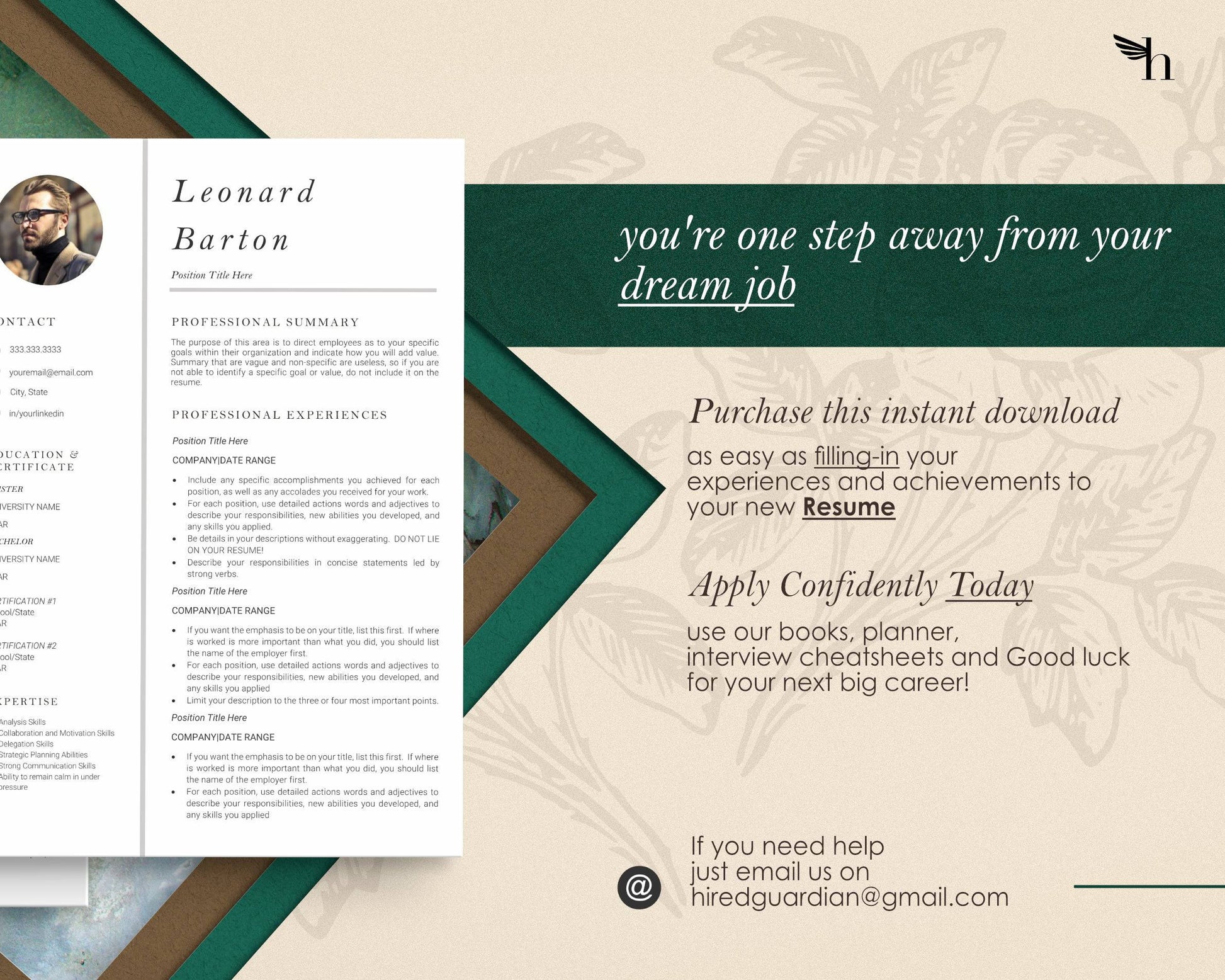 Professional Resume Template with Photo for Apple Pages in Mac or Word - Leonard - Hired Guardian